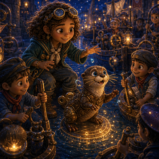 Zara, a clever child boat builder with bronze skin, curly chestnut hair, a teal sailor coat, and brass goggles; Tock, a charming clockwork otter with copper paws, sapphire eyes, and a wind-up tail carrying a rhythm of taps that every boat could answer through Canal City, cooperative adventure, glowing clues, digital 3D illustration, whimsical fantasy, beautiful original characters, warm expressive faces, Pixar-like character style, rich colors, cinematic lighting with warm glow, deep indigo sky, thin glowing constellations, highly detailed textures, no text, no letters, no titles, zero borders, no white frames, no margins, no rounded corners, flush edge-to-edge grid