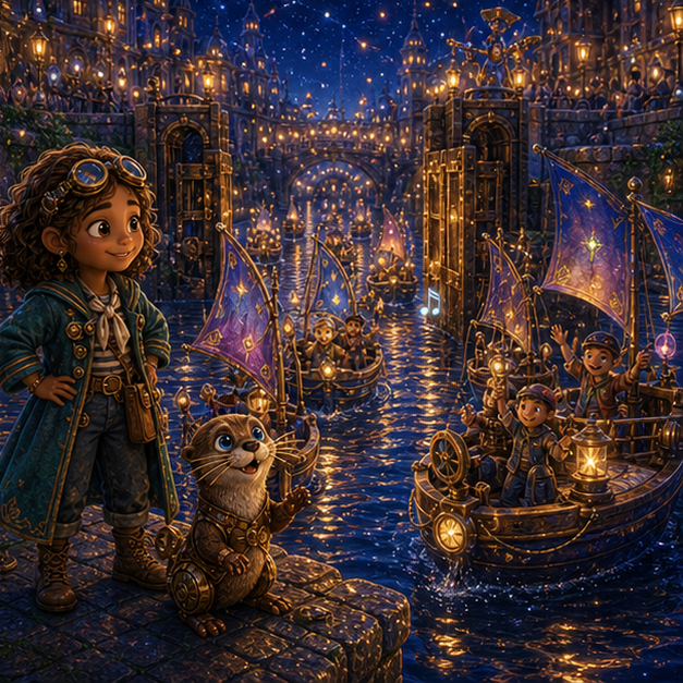 Zara, a clever child boat builder with bronze skin, curly chestnut hair, a teal sailor coat, and brass goggles; Tock, a charming clockwork otter with copper paws, sapphire eyes, and a wind-up tail restoring harmony in Canal City, joyful gentle celebration, shared light, digital 3D illustration, whimsical fantasy, beautiful original characters, warm expressive faces, Pixar-like character style, rich colors, cinematic lighting with warm glow, deep indigo sky, thin glowing constellations, highly detailed textures, no text, no letters, no titles, zero borders, no white frames, no margins, no rounded corners, flush edge-to-edge grid